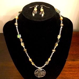 Pearls, Shell, & Silver Necklace with Earrings